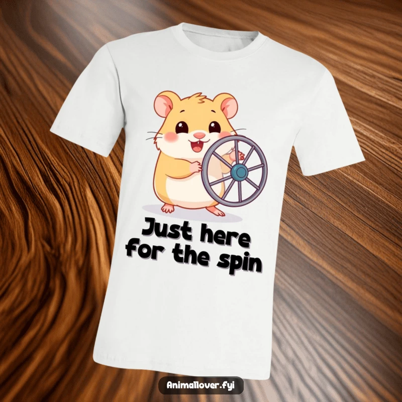 Funny t-shirt with a cheerful hamster clutching a small toy wheel, poised for energetic, miniature running action.