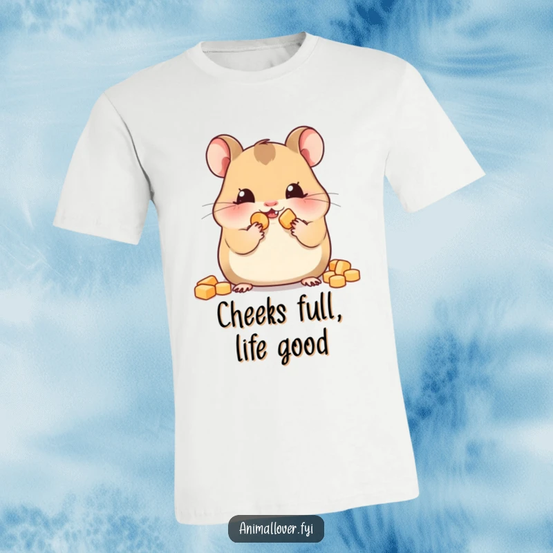 Funny hamster t-shirt featuring a happy hamster with incredibly full cheeks, proudly displaying its hoard of tiny snacks.