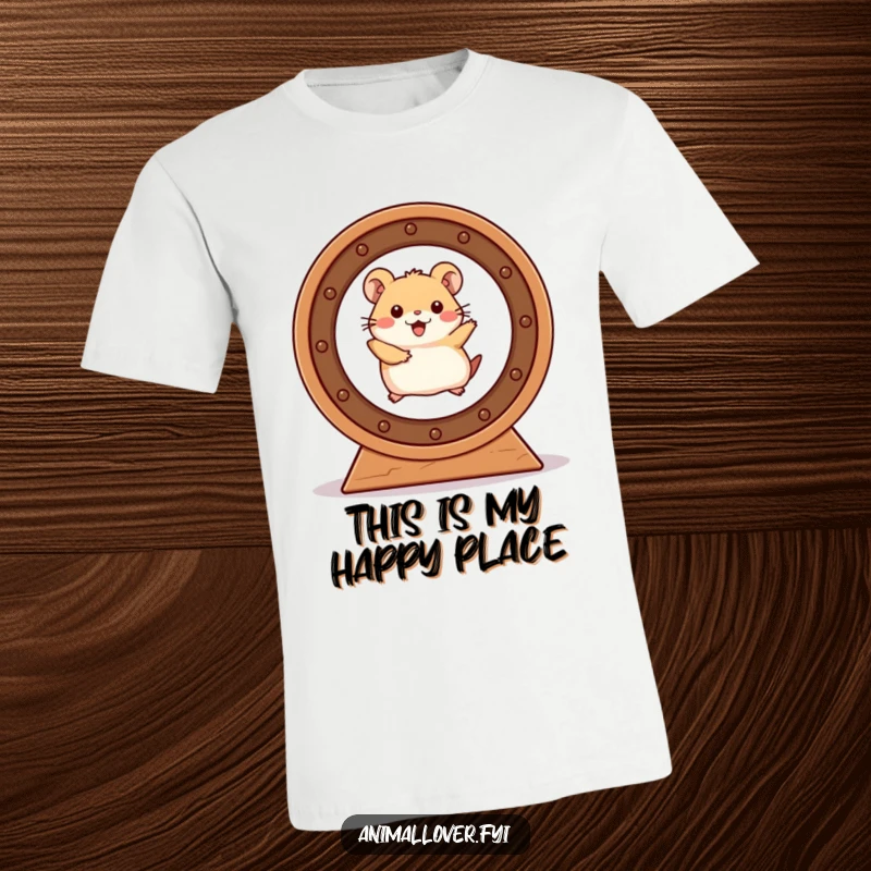 Funny Hamster T-Shirt showcasing an ecstatic hamster joyfully running at full speed inside a spinning wheel.