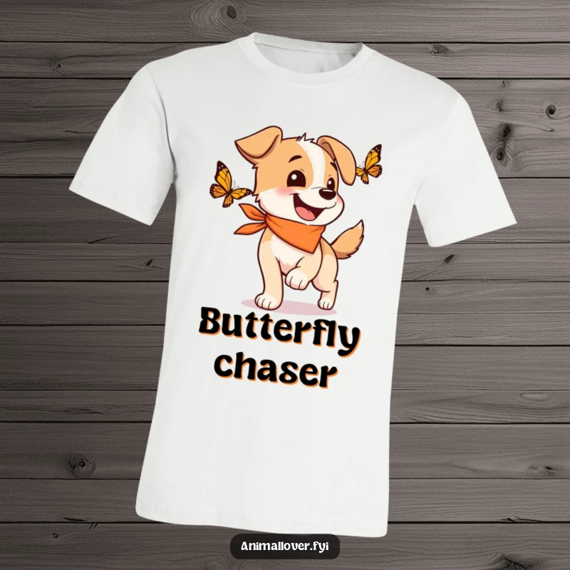 Funny t-shirt featuring a happy dog in a bandana, wagging its tail with pure delight while chasing a butterfly.