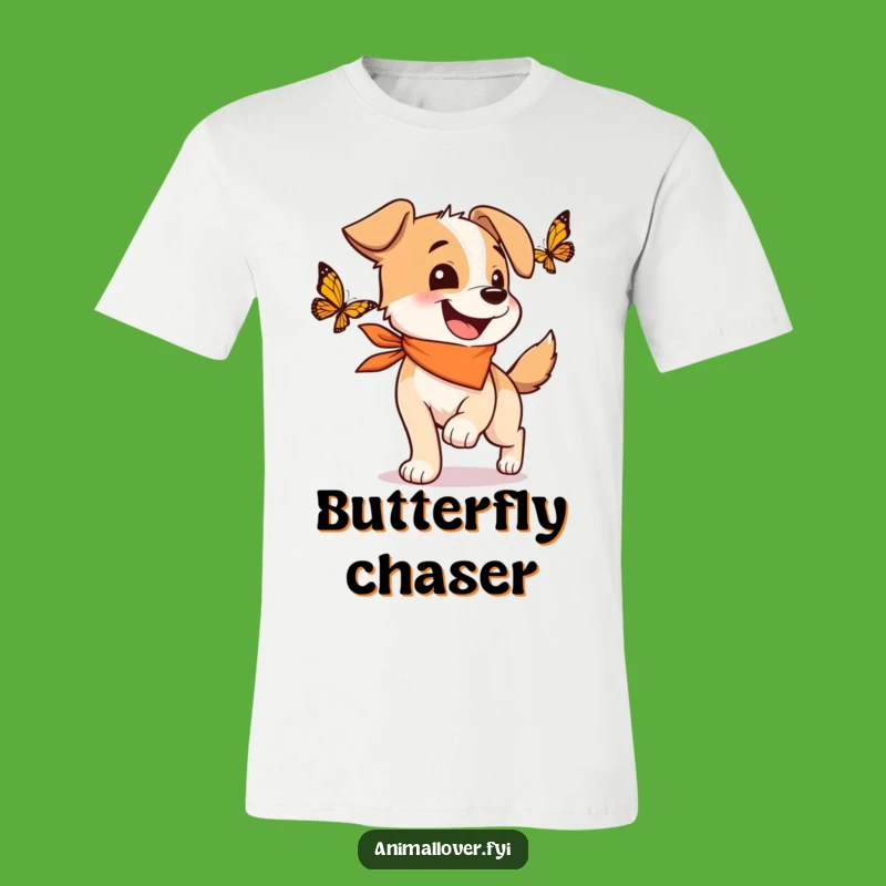 Funny Happy Dog T-Shirt: Bandana Pup Butterfly Chase, Playful Cute Funny Gift!