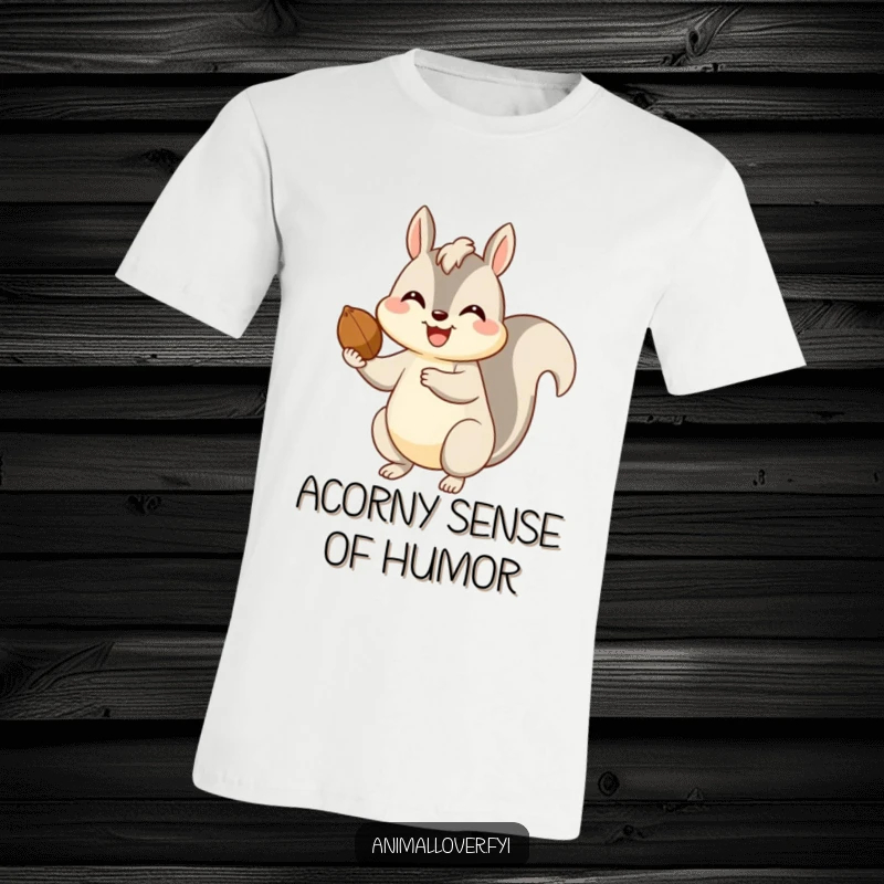 Funny t-shirt graphic of a happy squirrel holding out a nut with a big smile, a gesture of friendship.