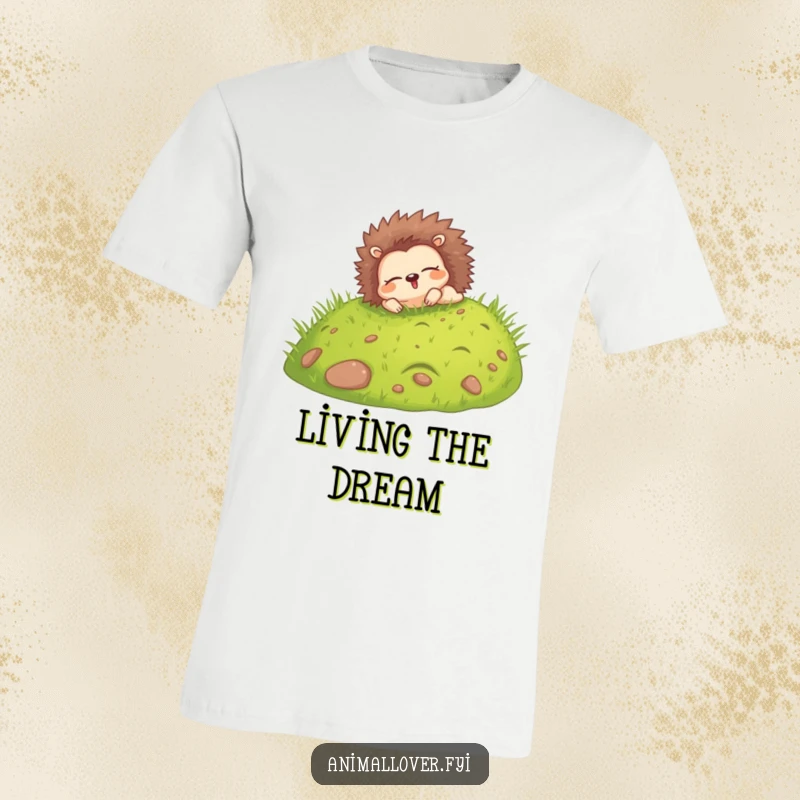 Funny t-shirt displaying a happy hedgehog rolling downhill with eyes shut, embodying pure bliss and carefree fun.