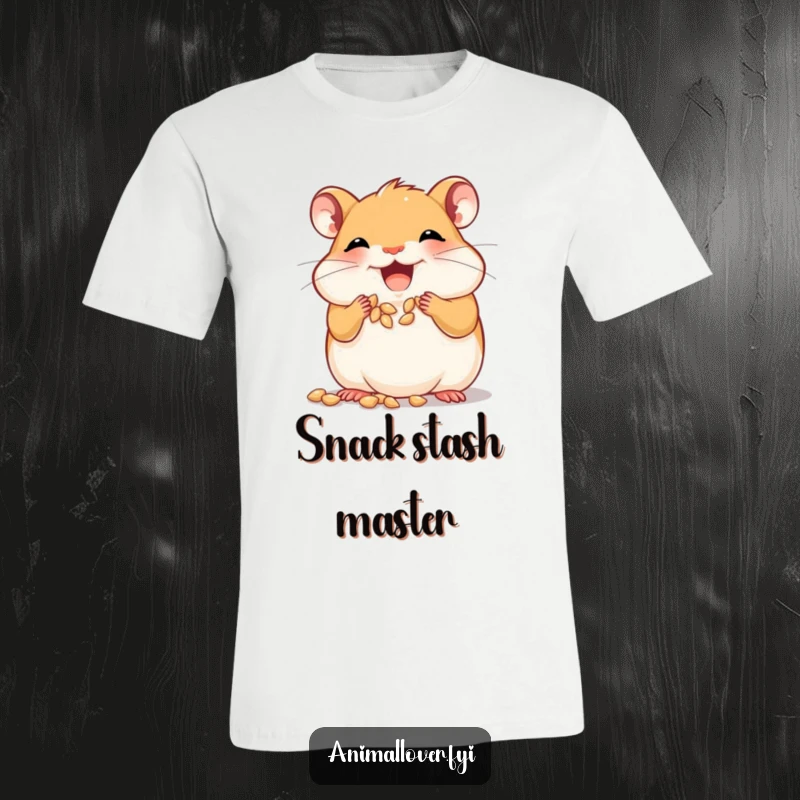 Funny joyful hamster t-shirt stuffing its cheeks with tiny seeds, highlighting adorable gluttony and snack enthusiasm.