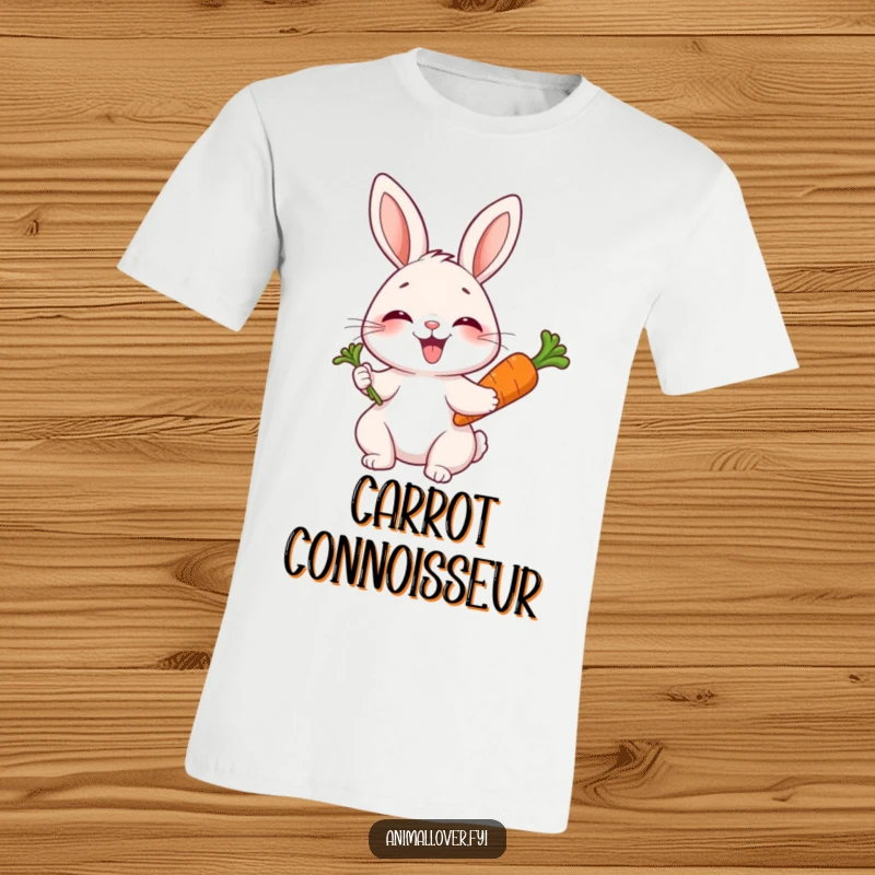 Funny t-shirt featuring a joyful rabbit giggling uncontrollably while clutching a delicious carrot, spreading cheer.