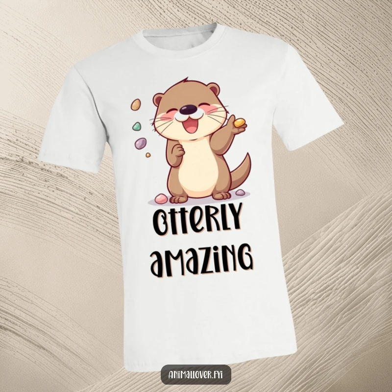 Funny T-Shirt: A happy otter skillfully juggling shiny pebbles, radiating pure delight and playfulness.