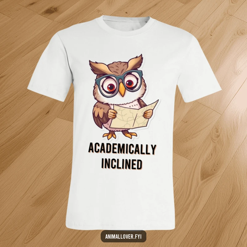 Funny t-shirt featuring a curious owl wearing glasses, peering intently at a map, highlighting intelligence.