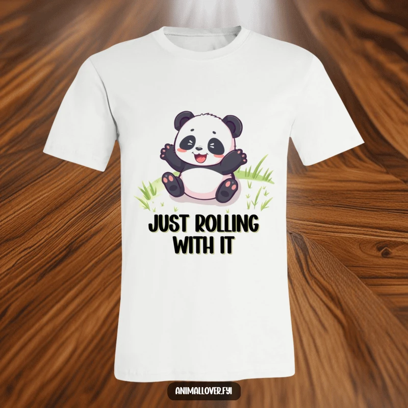 Funny Panda Cub Rolling T-Shirt showing a delighted cub gleefully tumbling down a grassy hill, embodying carefree fun.