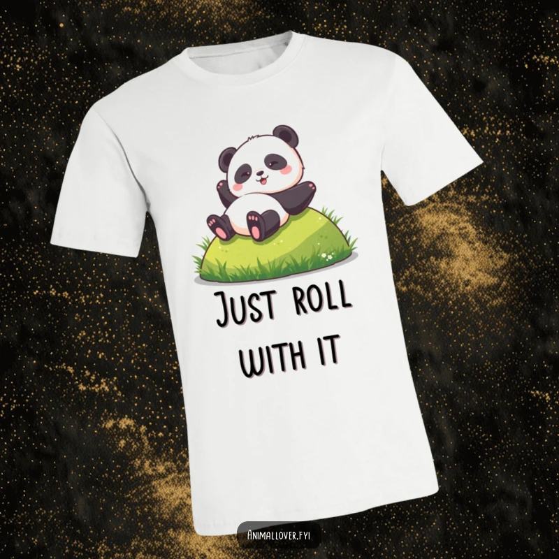 Funny t-shirt with a cartoon panda gleefully rolling down a grassy slope, expressing sheer joy and a love for adventure.