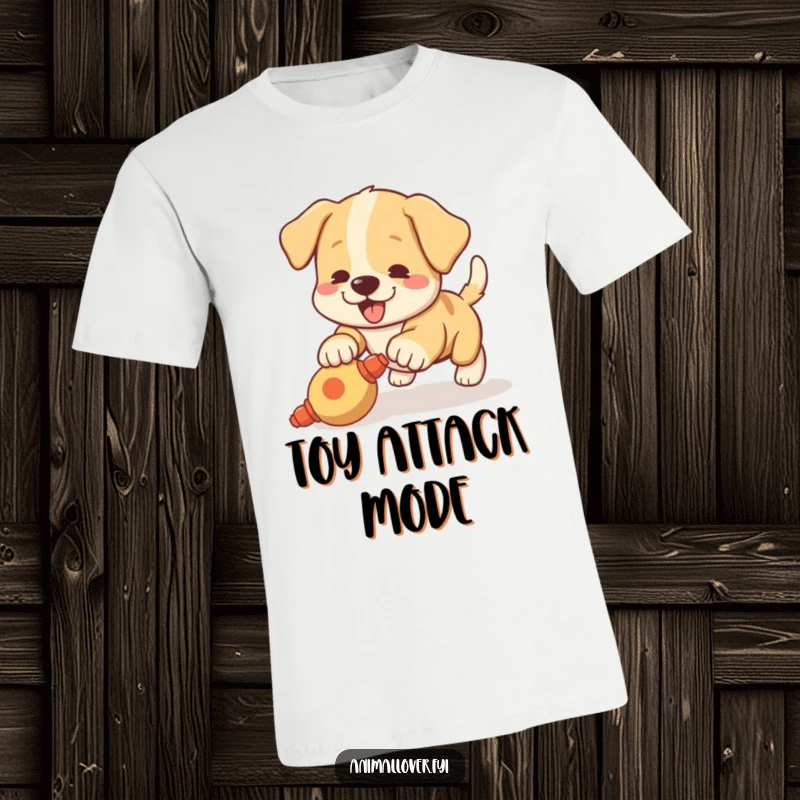 Funny t-shirt depicting a playful puppy with a wagging tail excitedly pouncing on a squeaky toy, capturing action.