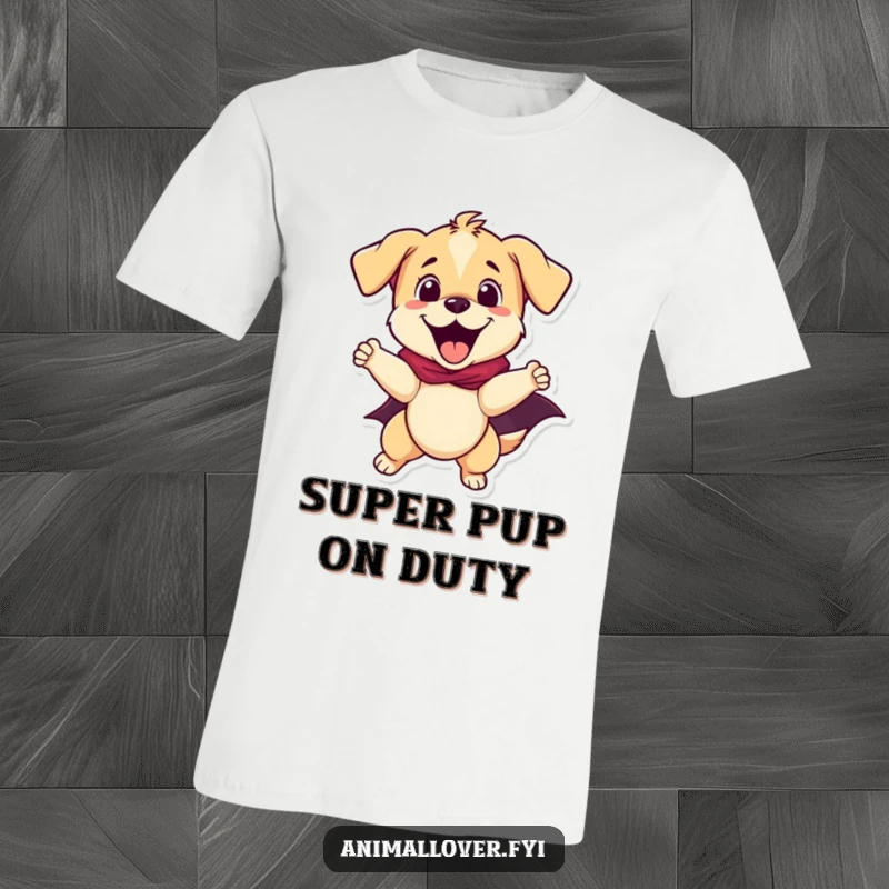 Funny excited puppy in a superhero cape, striking a heroic pose on a t-shirt, ideal for a funny present.