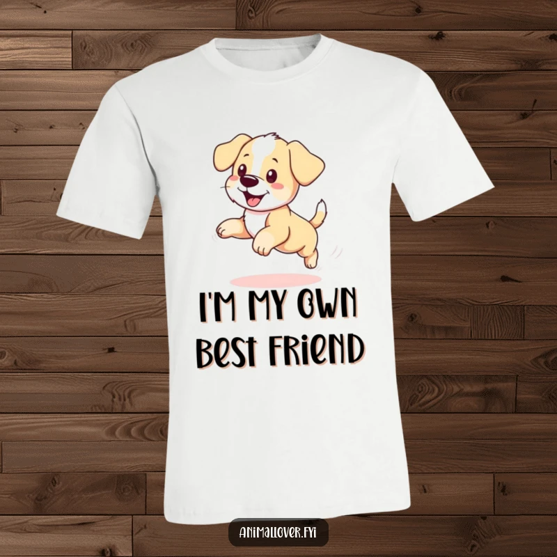 Funny puppy t-shirt depicting a happy dog blissfully chasing its tail in comical circles, great for pet owners.