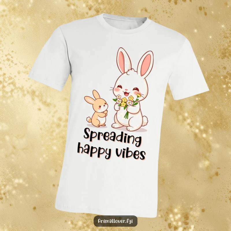 Funny Rabbit T-Shirt: A cheerful rabbit is depicted offering a small, beautiful bouquet of tiny flowers to a friend.