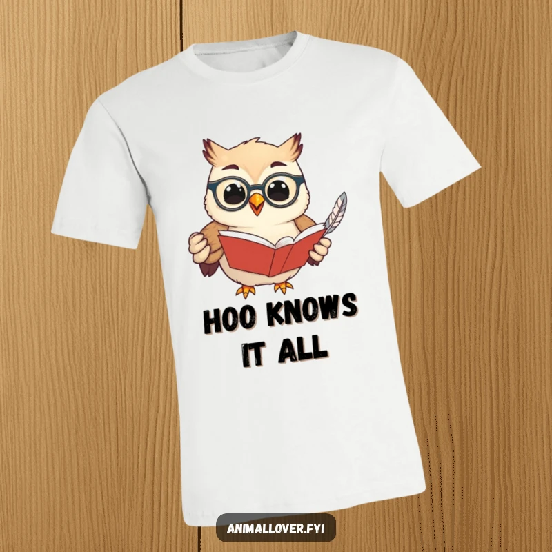 Funny t-shirt featuring a scholarly owl with spectacles, holding a book and feather, symbolizing wisdom, reading, and a playful sense of intellect.