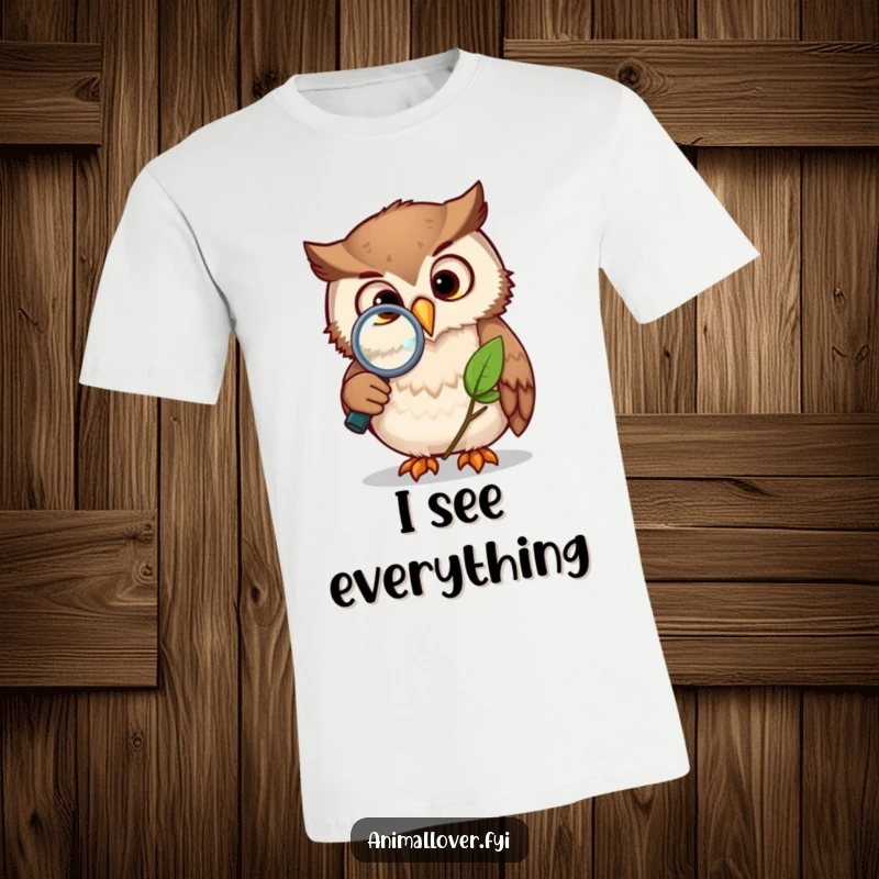 Funny owl t-shirt featuring a smart bird closely examining a leaf with a magnifying glass, highlighting a passion for discovery.