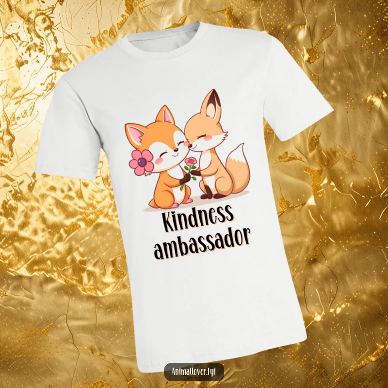 Funny t-shirt of a smiling fox thoughtfully offering a delicate flower to another woodland creature, symbolizing friendship.