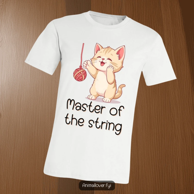 Funny t-shirt featuring an energetic kitten triumphantly swatting a ball of yarn, embodying playful chaos. Great for cat lovers.