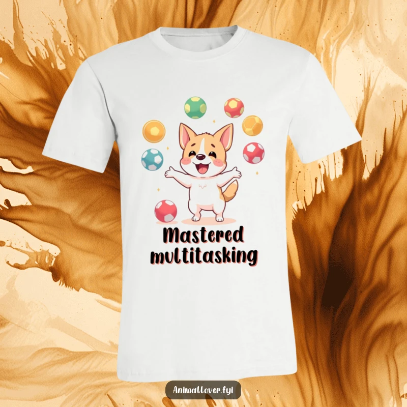 Funny t-shirt with a happy dog character energetically juggling numerous balls, capturing a moment of playful skill and delight.