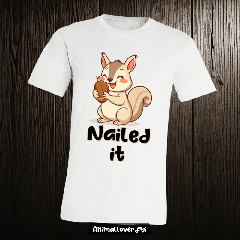 Funny squirrel t-shirt with a cheerful squirrel holding a nut and giving a positive thumbs up, signifying approval and joy.