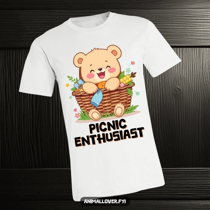 Funny t-shirt depicting a joyful bear cub hugging an overflowing picnic basket, celebrating delicious food.