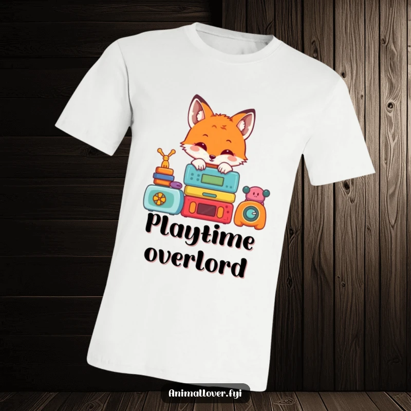 Funny t-shirt showcasing a cute fox peeking from behind a pile of vibrant toys, capturing a moment of playful curiosity.