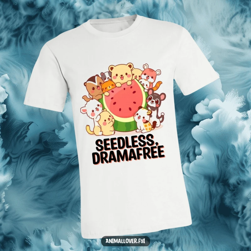 Funny t-shirt showcasing a colorful cast of animals gleefully devouring a giant watermelon slice, radiating pure joy and summer celebration.