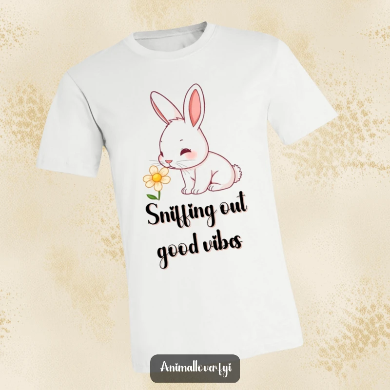 Funny rabbit t-shirt featuring a cute bunny with a twitching nose investigating a colorful flower, perfect for nature lovers.