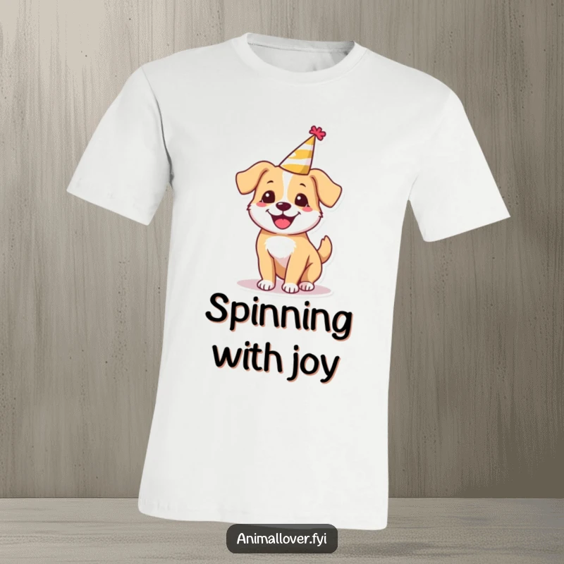 Funny happy dog t-shirt wearing a tiny party hat, spinning around with boundless energy and infectious celebration.