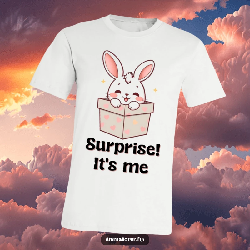 Funny rabbit with a gleeful expression emerges from a brightly wrapped gift box, on a soft and funny t-shirt.