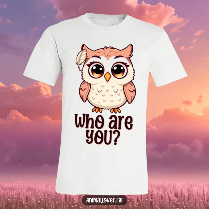 Funny surprised owl t-shirt with comically large, round eyes, looking shocked at a floating feather. A humorous bird graphic.
