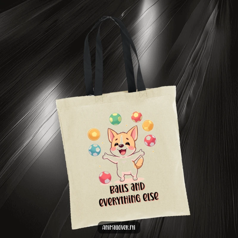 Funny tote bag with a happy dog character energetically juggling various balls, perfect for carrying everyday items with a playful touch.