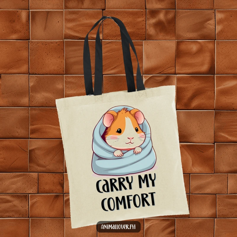 Funny tote bag depicting a deeply contented guinea pig snuggled in a soft blanket, ideal for carrying daily items.