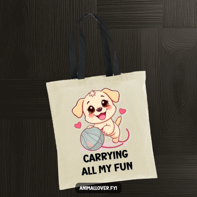 Funny Puppy Tote Bag: A durable bag with a playful puppy joyfully pursuing a yarn ball decorated with a heart.