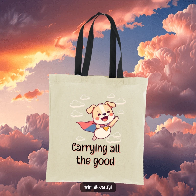 Funny tote bag featuring a dog wearing a cape, flying happily through the sky like a superhero.