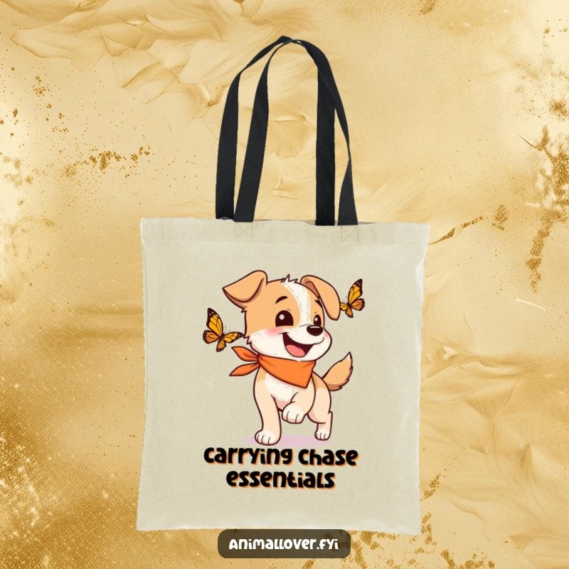 Funny tote bag with a happy dog in a bandana, wagging its tail vigorously while chasing a butterfly.