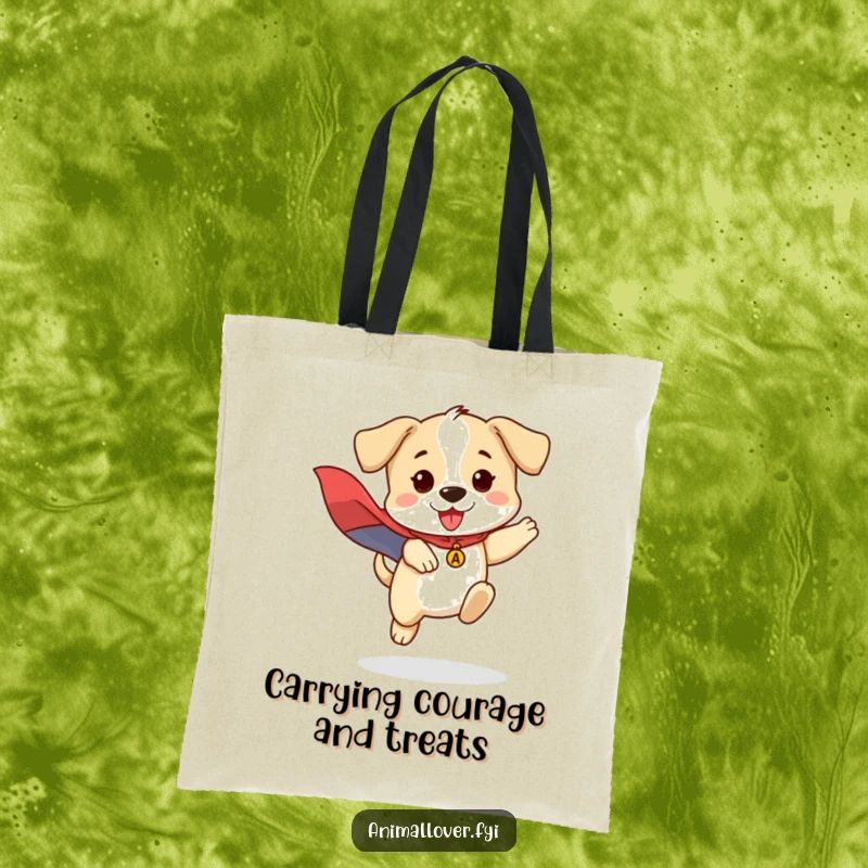 Funny tote bag featuring a brave puppy in a flowing cape, jumping dynamically, a symbol of courage and humor.