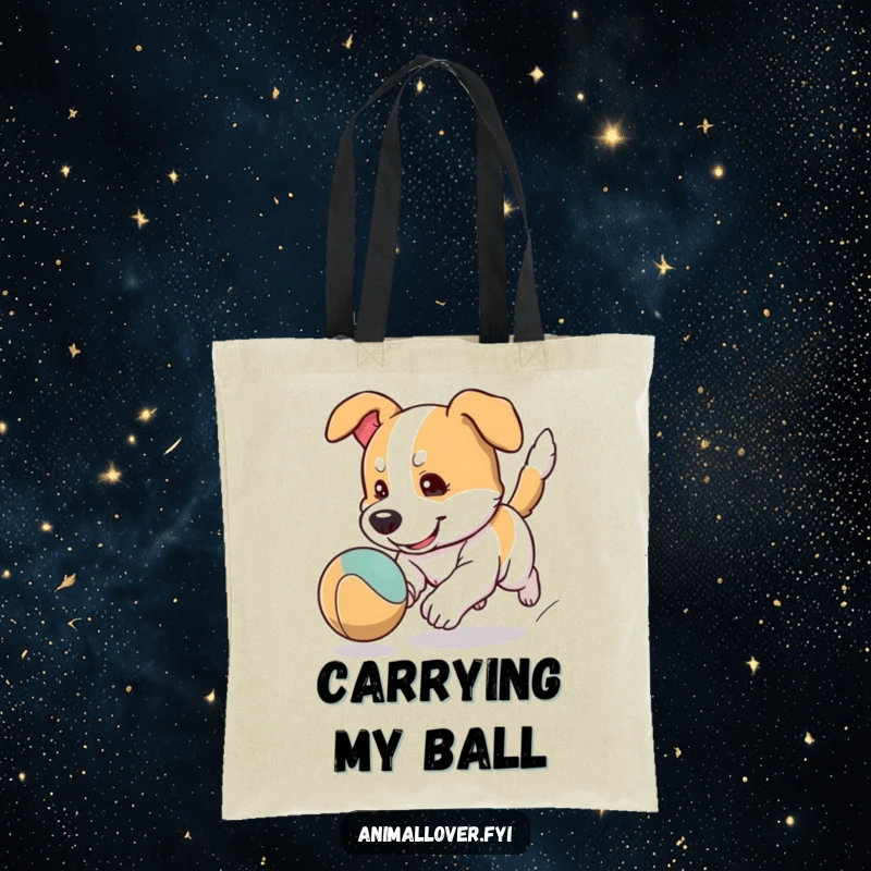 Funny dog tote bag depicting a cartoon dog character chasing a bouncing ball with intense focus, for carrying daily items.