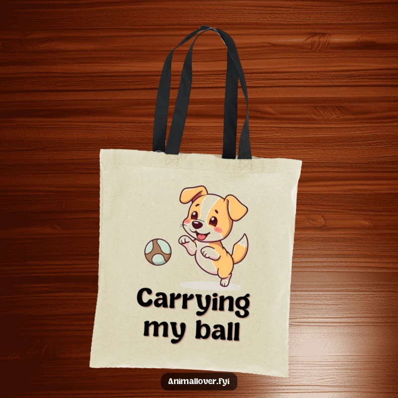Funny tote bag featuring a dog character excitedly fetching a ball, tail wagging, perfect for carrying essentials with playful charm.