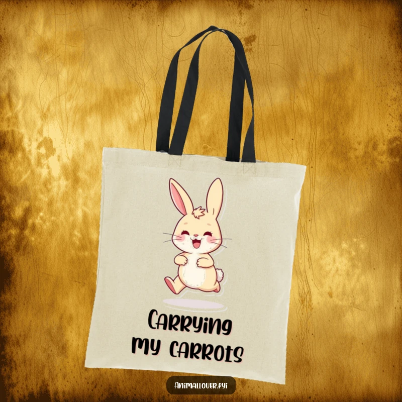 Funny playful rabbit tote bag hopping excitedly with ears perked high, a spacious and cheerful accessory for daily adventures.