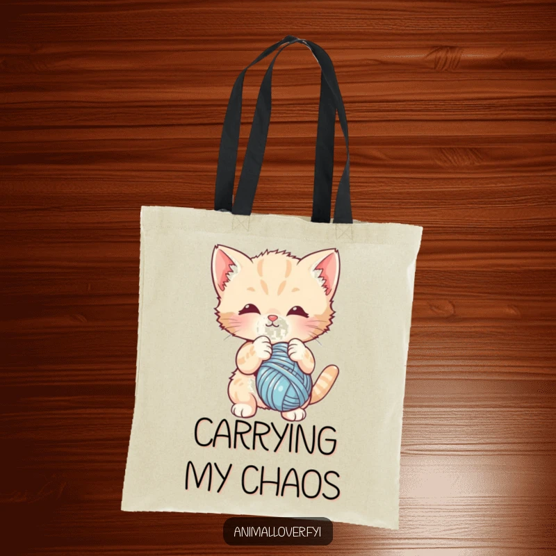 Funny tote bag showing a cute kitten batting at a ball of yarn. A whimsical and functional accessory for cat fans.