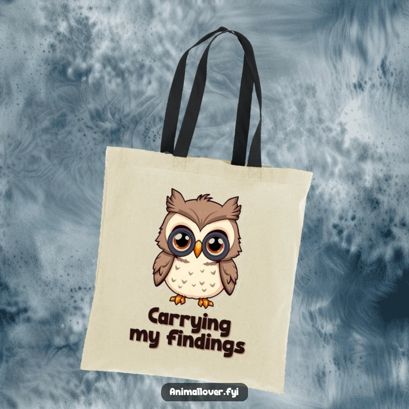 Funny Curious Owl Tote Bag featuring an owl with oversized eyes using binoculars, perfect for carrying items with a touch of humor.