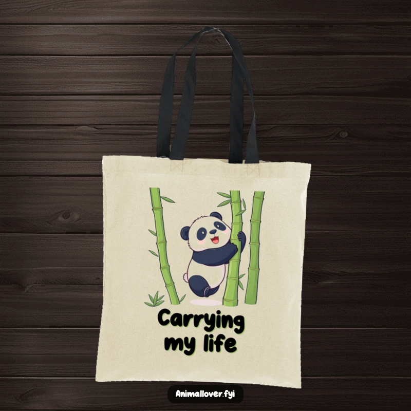 Funny Tote Bag showcasing a playful panda attempting to hug a giant bamboo stalk, ready for adventures.