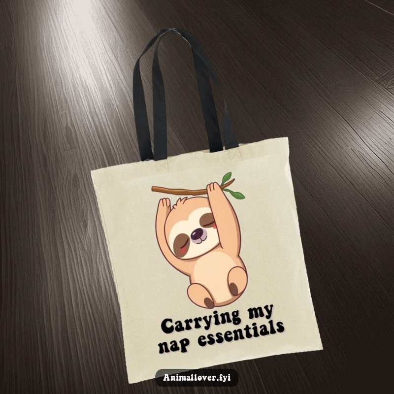Funny sloth tote bag featuring a gently smiling sloth hanging upside down, ideal for carrying daily essentials humorously.