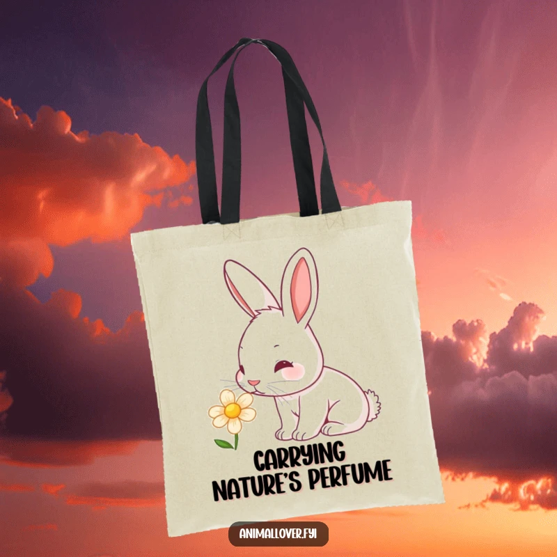 Funny rabbit tote bag with a curious bunny sniffing a vibrant flower, showcasing its twitching nose in a delightful scene.