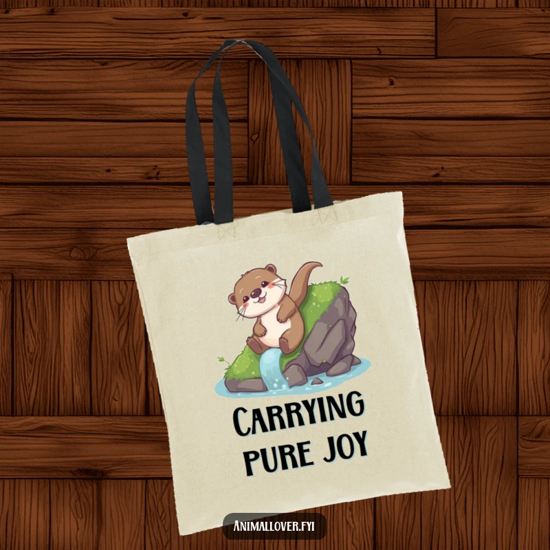 Funny otter tote bag with a playful otter sliding down a mossy rock with glee, perfect for carrying items with joy.