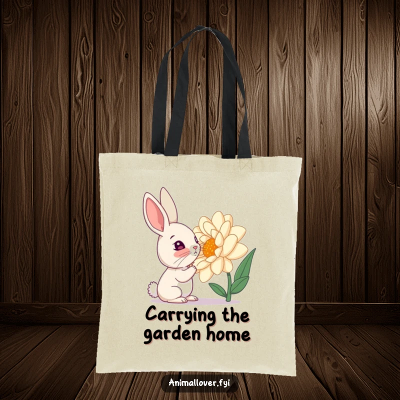 Funny tote bag graphic of a curious rabbit sniffing a giant flower, representing exploration and natural humor.