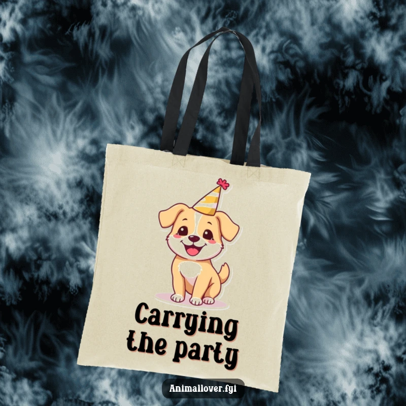 Funny happy dog tote bag wearing a tiny party hat, spinning around, a spacious and hilarious accessory for party-goers.