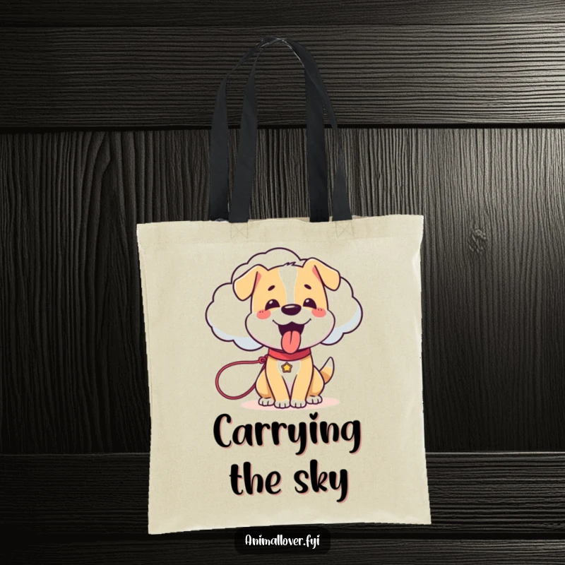 Funny Dog Tote Bag: A durable bag featuring a happy dog holding a leash that is connected to a friendly, sentient cloud.