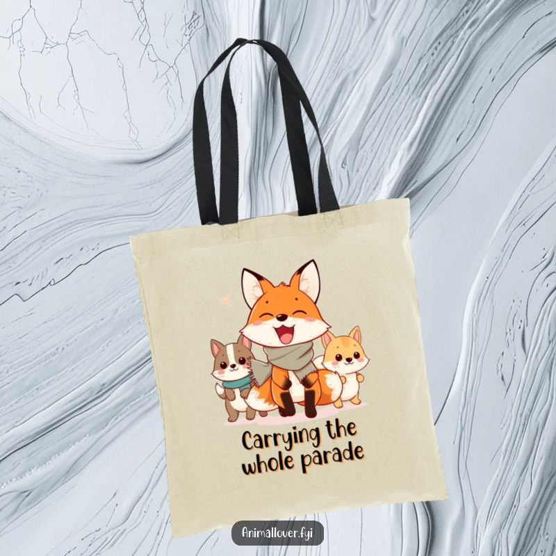 Funny Tote Bag: A smiling fox in a scarf leads a grand parade of diverse animal friends, showcasing a fun procession.