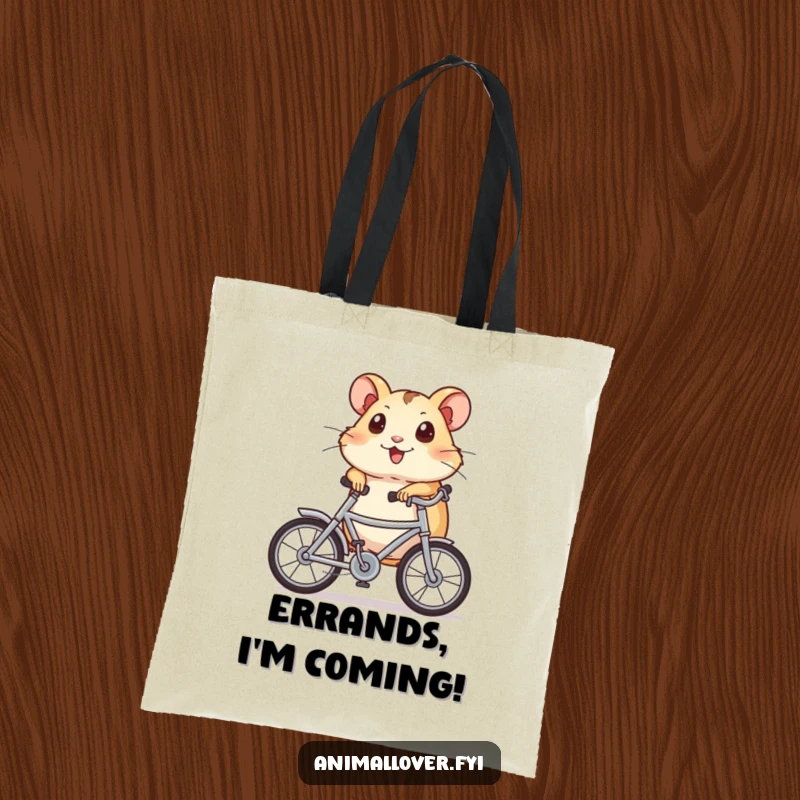 Funny Tote Bag featuring an excited hamster with wide eyes, riding a miniature bicycle, ready for errands and adventures.